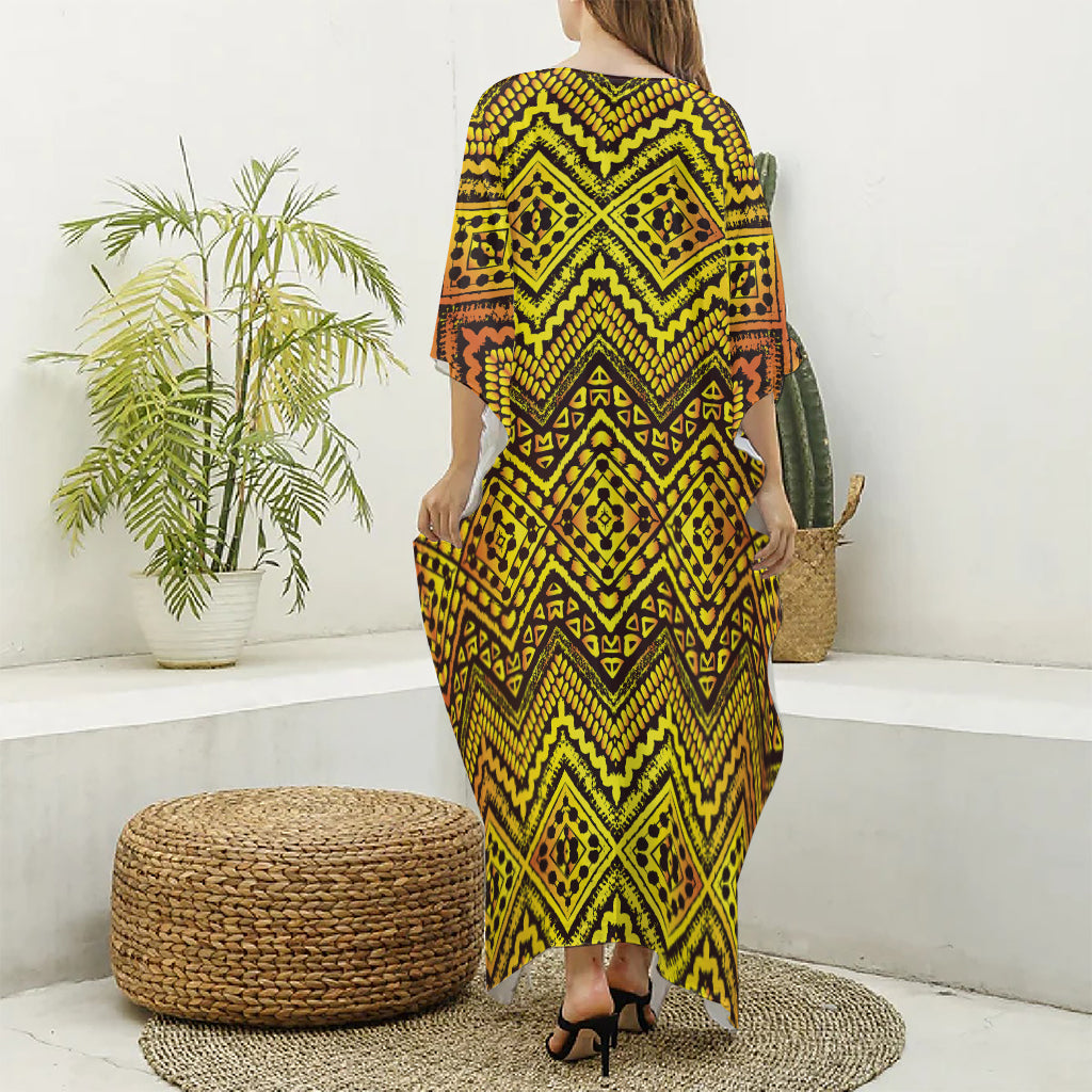 Gold African Ethnic Tribal Pattern Print Silk V-Neck Kaftan Dress