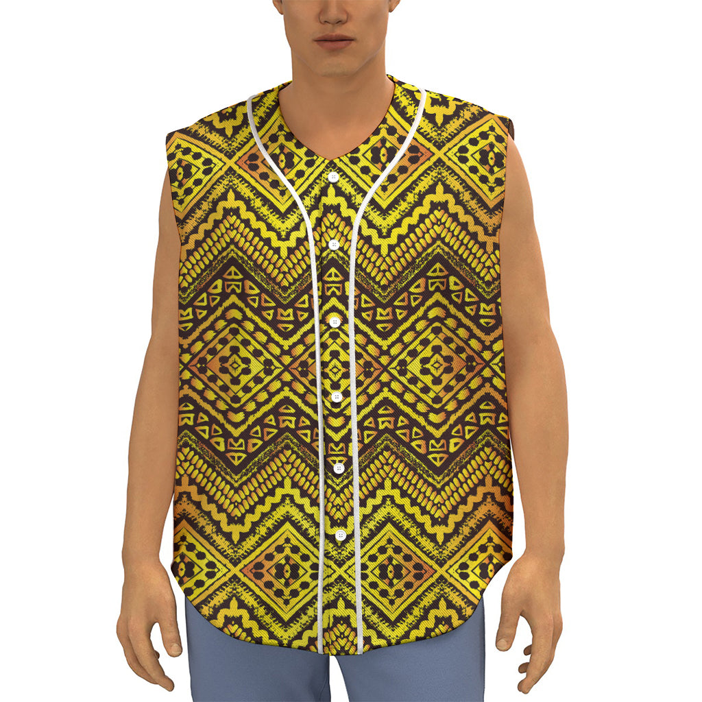 Gold African Ethnic Tribal Pattern Print Sleeveless Baseball Jersey