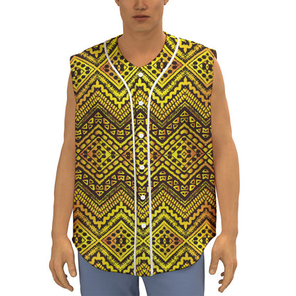 Gold African Ethnic Tribal Pattern Print Sleeveless Baseball Jersey