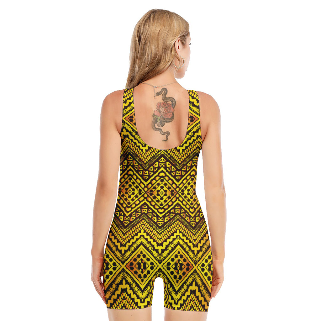 Gold African Ethnic Tribal Pattern Print Sleeveless One Piece Swimsuit