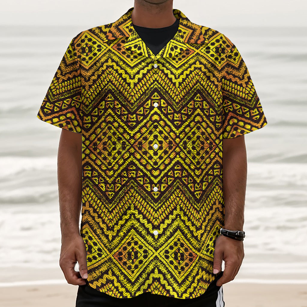 Gold African Ethnic Tribal Pattern Print Textured Short Sleeve Shirt