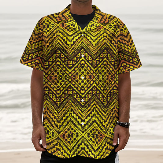 Gold African Ethnic Tribal Pattern Print Textured Short Sleeve Shirt