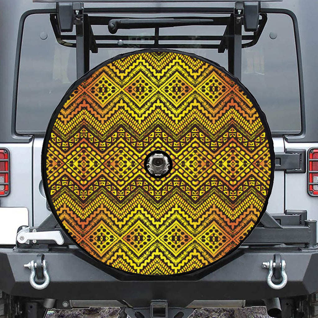 Gold African Ethnic Tribal Pattern Print Tire Cover With Camera Hole