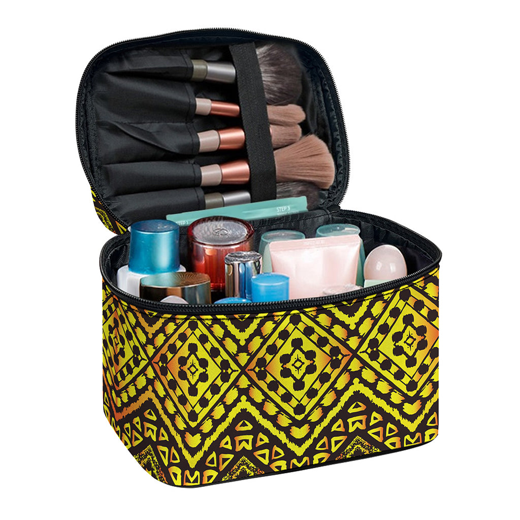 Gold African Ethnic Tribal Pattern Print Travel Makeup Bag