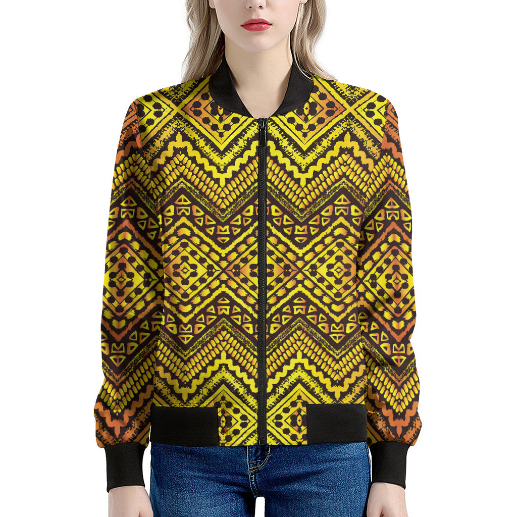 Gold African Ethnic Tribal Pattern Print Women's Bomber Jacket