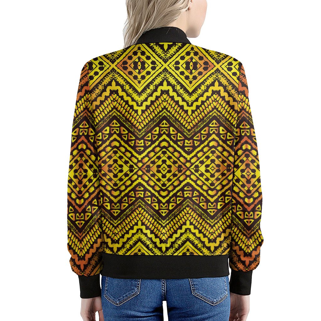 Gold African Ethnic Tribal Pattern Print Women's Bomber Jacket