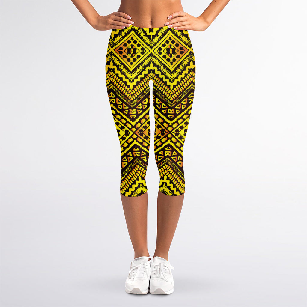 Gold African Ethnic Tribal Pattern Print Women's Capri Leggings
