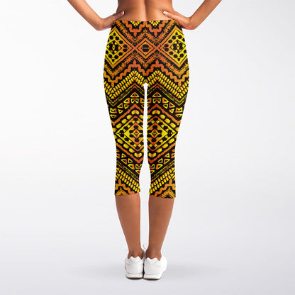 Gold African Ethnic Tribal Pattern Print Women's Capri Leggings