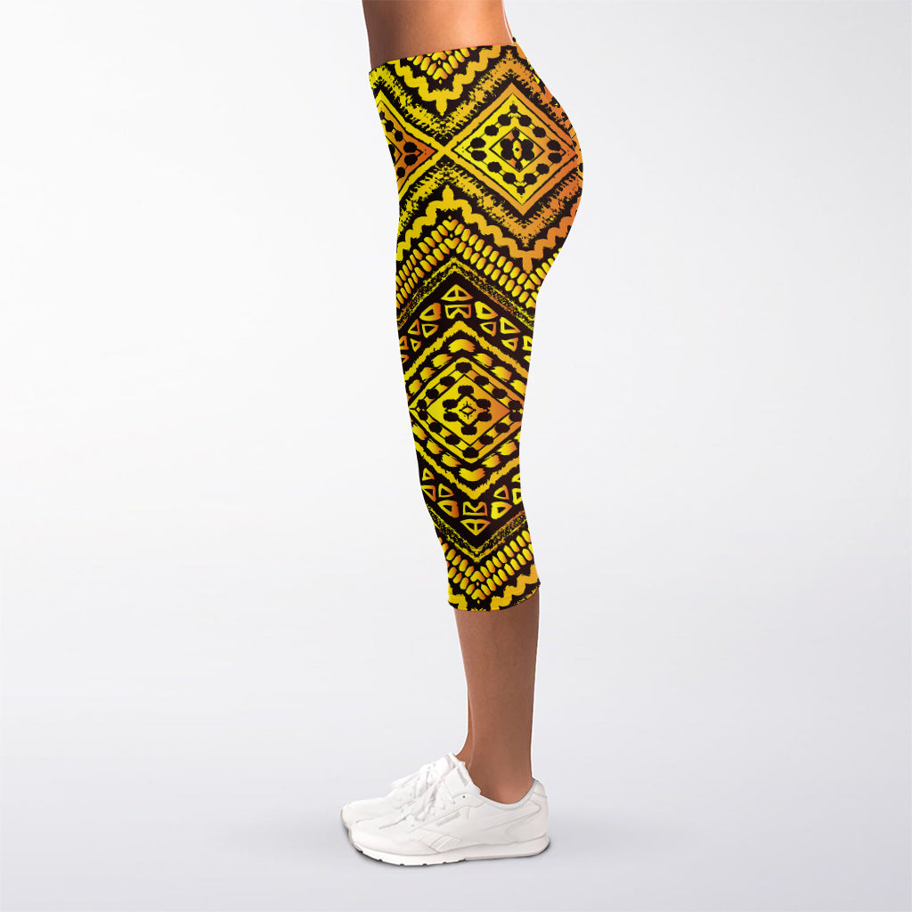 Gold African Ethnic Tribal Pattern Print Women's Capri Leggings