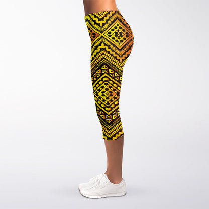 Gold African Ethnic Tribal Pattern Print Women's Capri Leggings