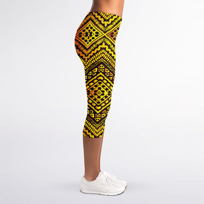 Gold African Ethnic Tribal Pattern Print Women's Capri Leggings