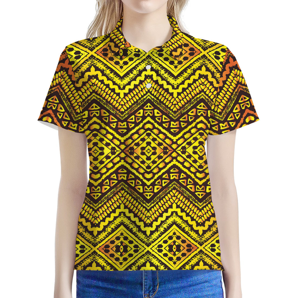 Gold African Ethnic Tribal Pattern Print Women's Polo Shirt