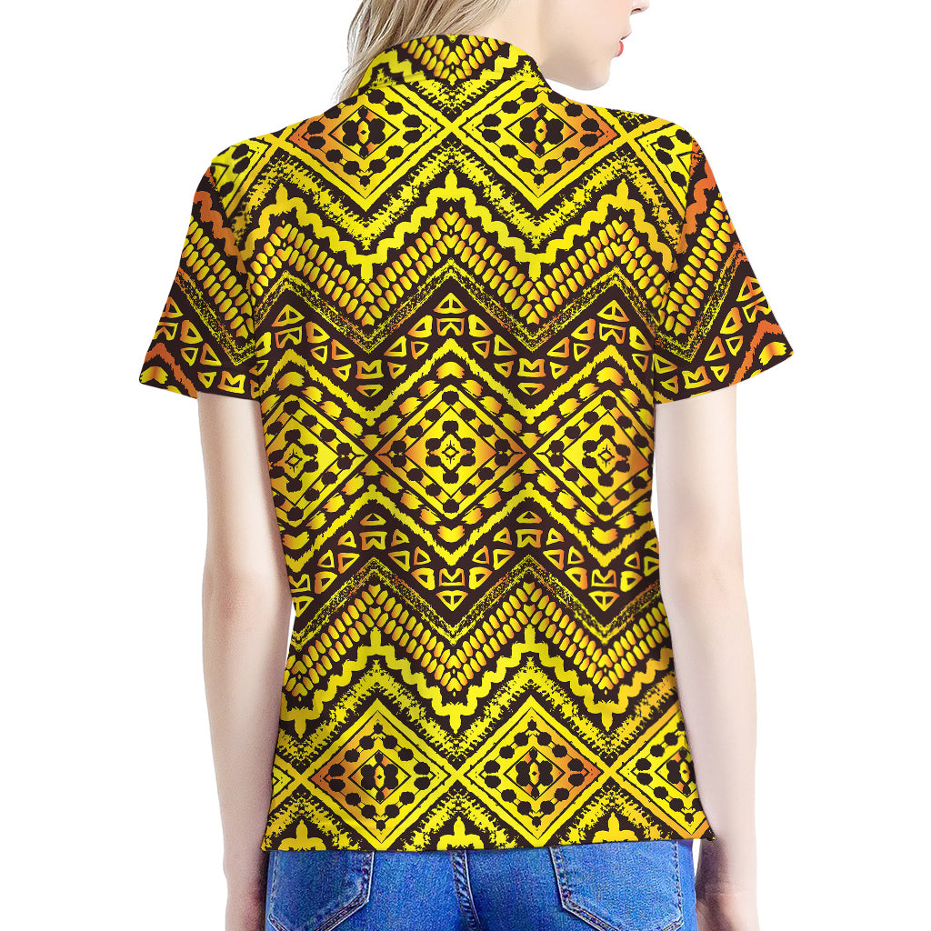 Gold African Ethnic Tribal Pattern Print Women's Polo Shirt