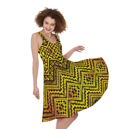 Gold African Ethnic Tribal Pattern Print Women's Sleeveless Dress
