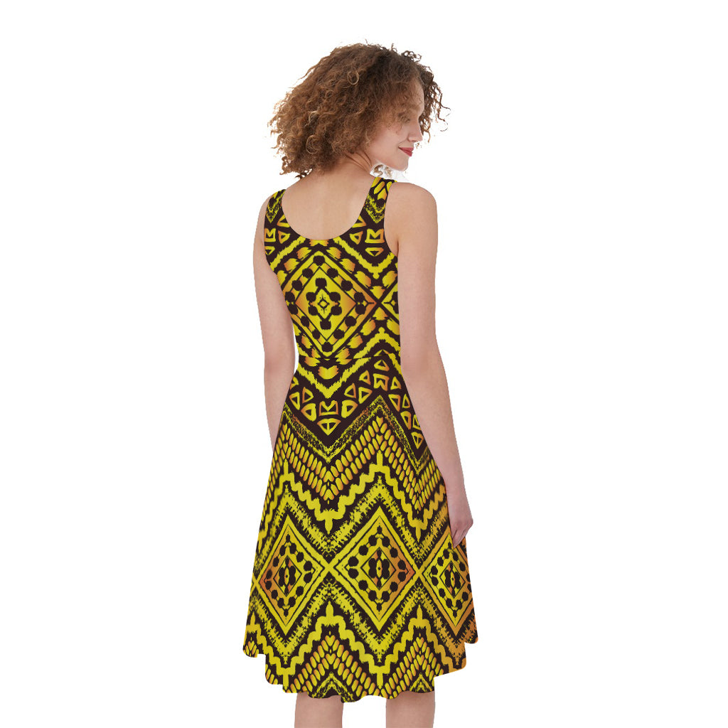 Gold African Ethnic Tribal Pattern Print Women's Sleeveless Dress