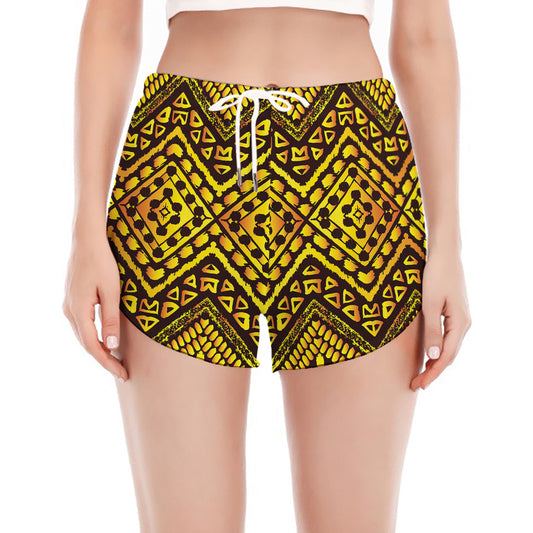 Gold African Ethnic Tribal Pattern Print Women's Split Running Shorts