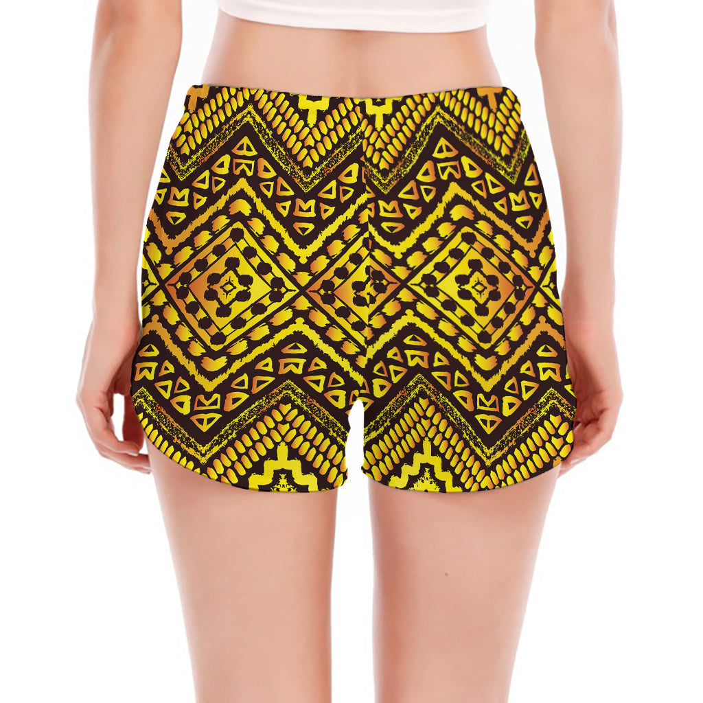 Gold African Ethnic Tribal Pattern Print Women's Split Running Shorts