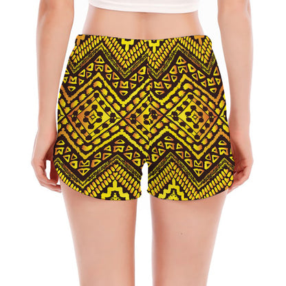 Gold African Ethnic Tribal Pattern Print Women's Split Running Shorts