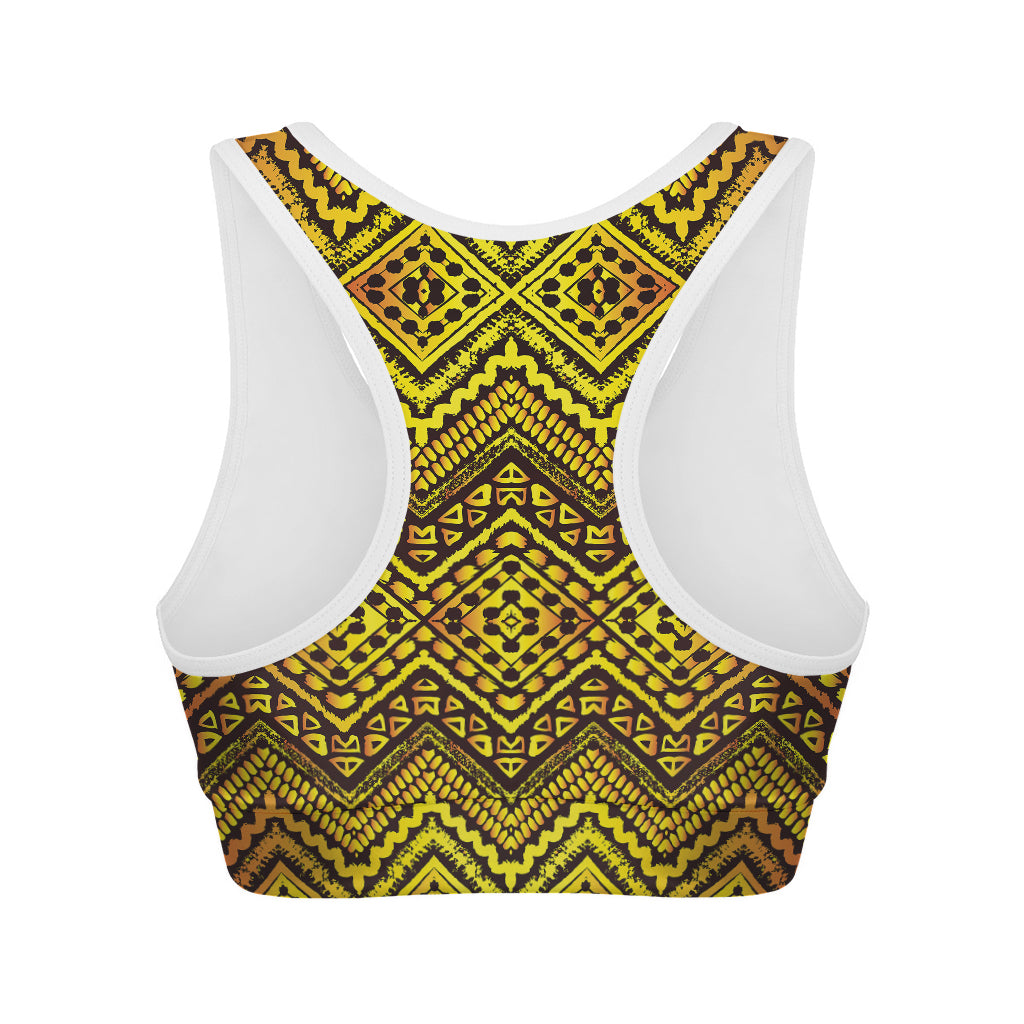 Gold African Ethnic Tribal Pattern Print Women's Sports Bra