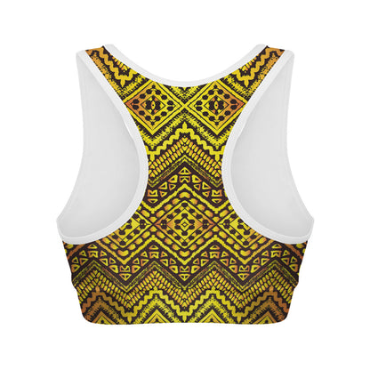 Gold African Ethnic Tribal Pattern Print Women's Sports Bra