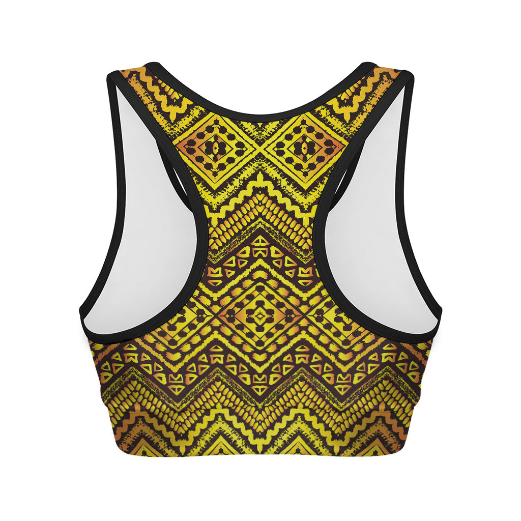 Gold African Ethnic Tribal Pattern Print Women's Sports Bra