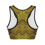 Gold African Ethnic Tribal Pattern Print Women's Sports Bra