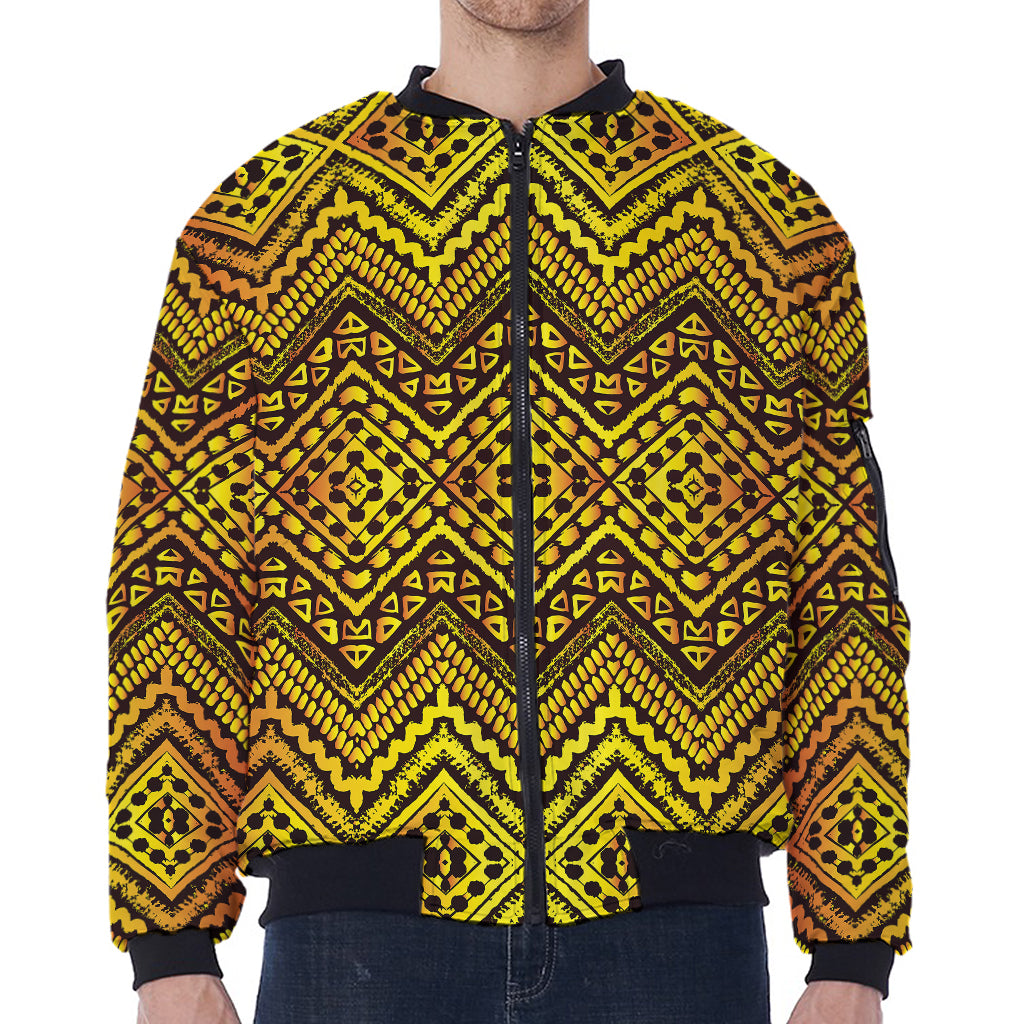 Gold African Ethnic Tribal Pattern Print Zip Sleeve Bomber Jacket