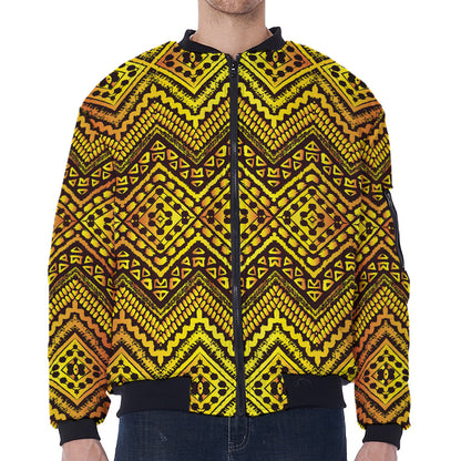 Gold African Ethnic Tribal Pattern Print Zip Sleeve Bomber Jacket