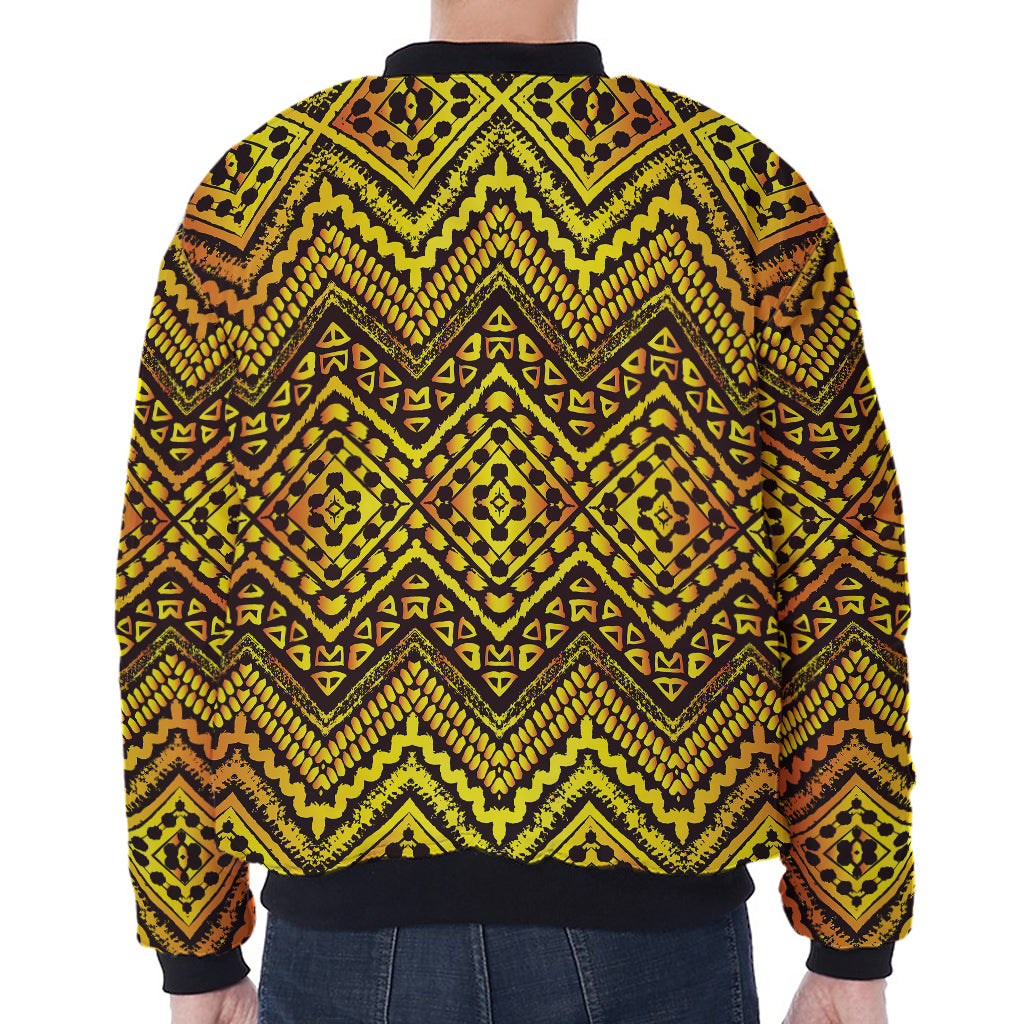 Gold African Ethnic Tribal Pattern Print Zip Sleeve Bomber Jacket