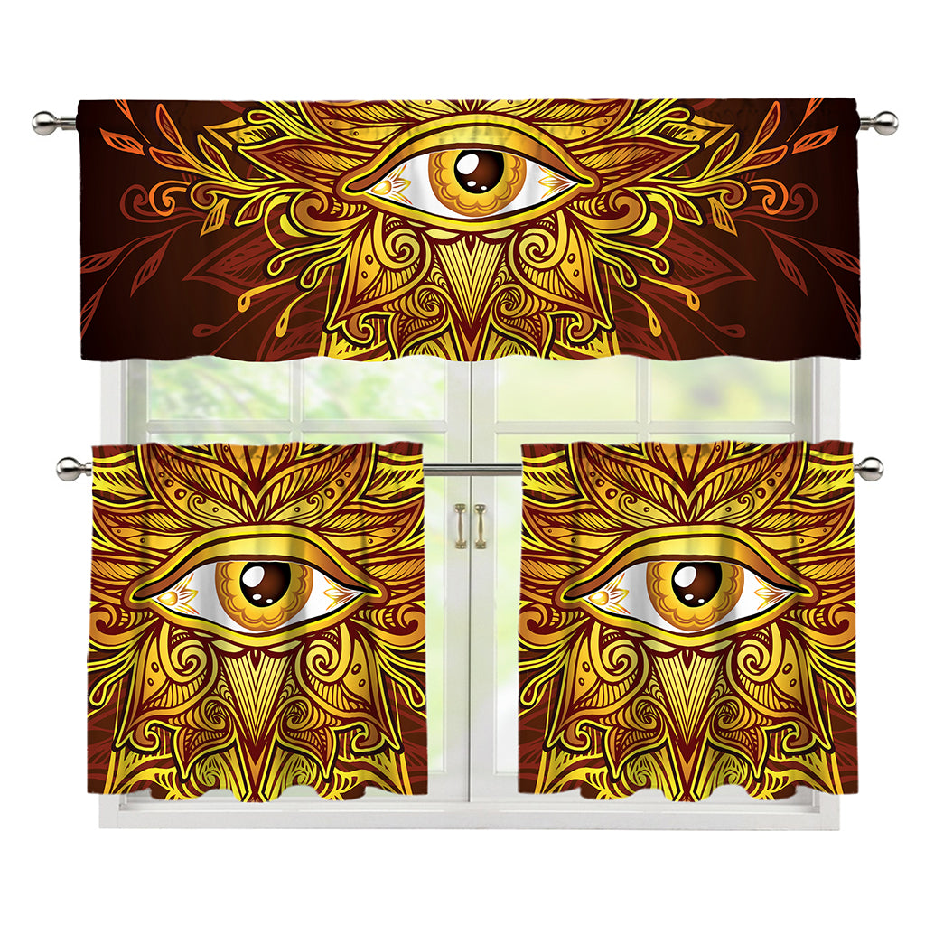 Gold All Seeing Eye Print 3 Piece Kitchen Curtains