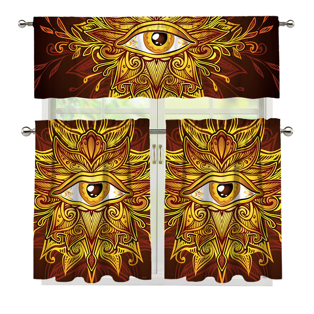 Gold All Seeing Eye Print 3 Piece Kitchen Curtains