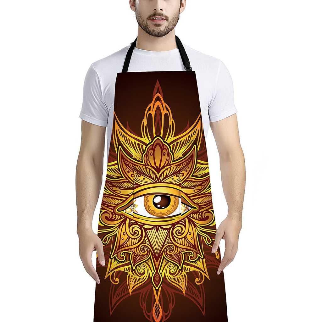 Gold All Seeing Eye Print Bib Apron With Pocket
