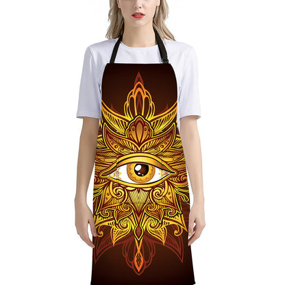 Gold All Seeing Eye Print Bib Apron With Pocket