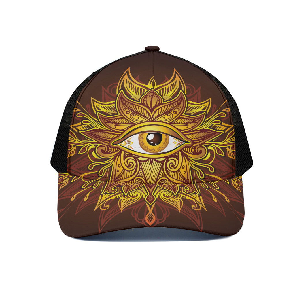 Gold All Seeing Eye Print Black Mesh Trucker Cap