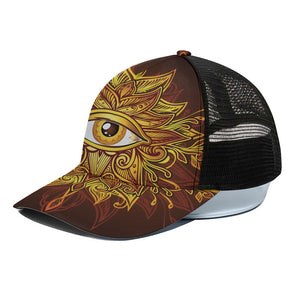 Gold All Seeing Eye Print Black Mesh Trucker Cap