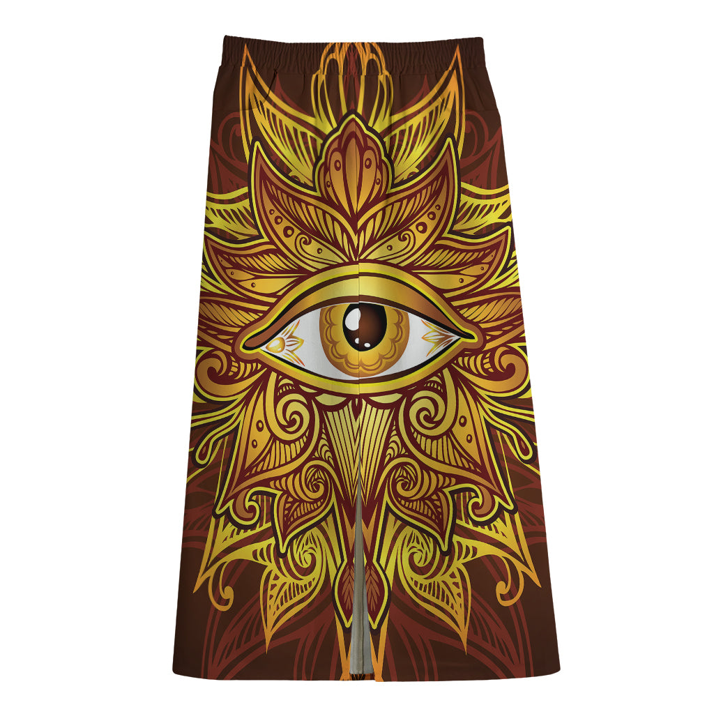 Gold All Seeing Eye Print Cotton Front Slit Maxi Skirt