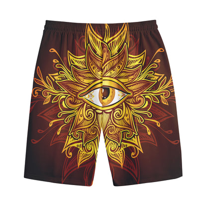 Gold All Seeing Eye Print Cotton Shorts