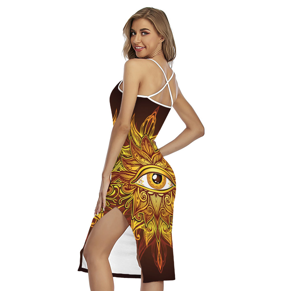 Gold All Seeing Eye Print Cross Back Cami Dress