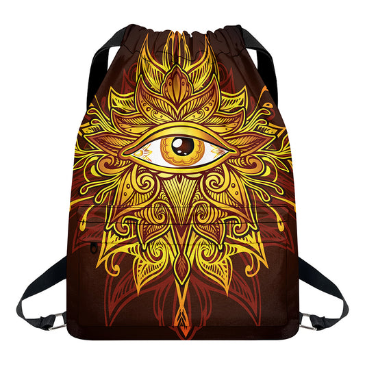 Gold All Seeing Eye Print Drawstring Backpack