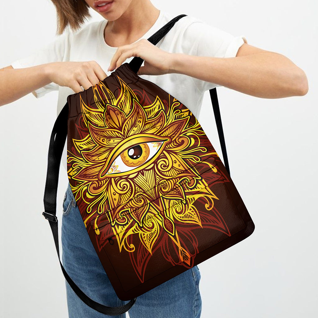 Gold All Seeing Eye Print Drawstring Backpack