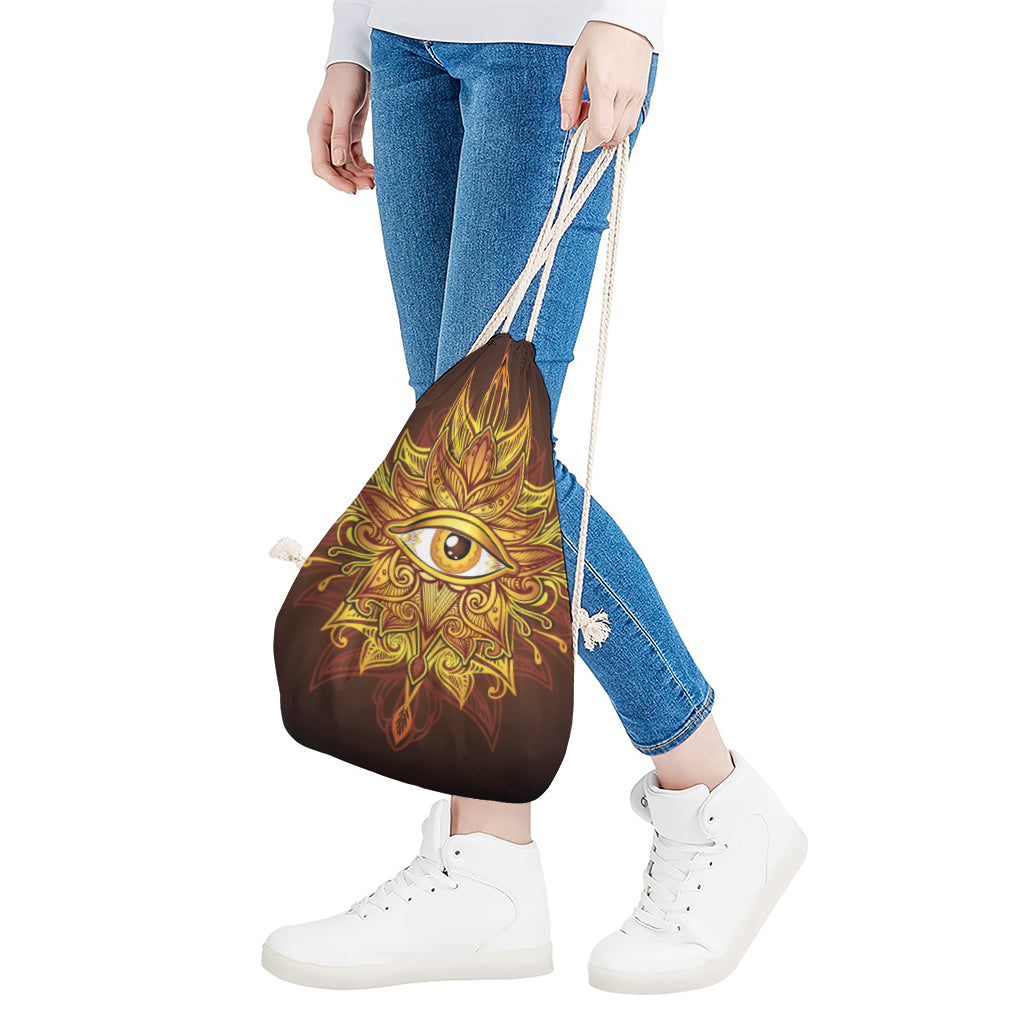 Gold All Seeing Eye Print Drawstring Bag