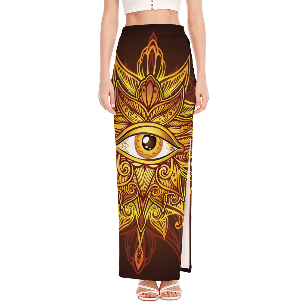 Gold All Seeing Eye Print High Slit Maxi Skirt