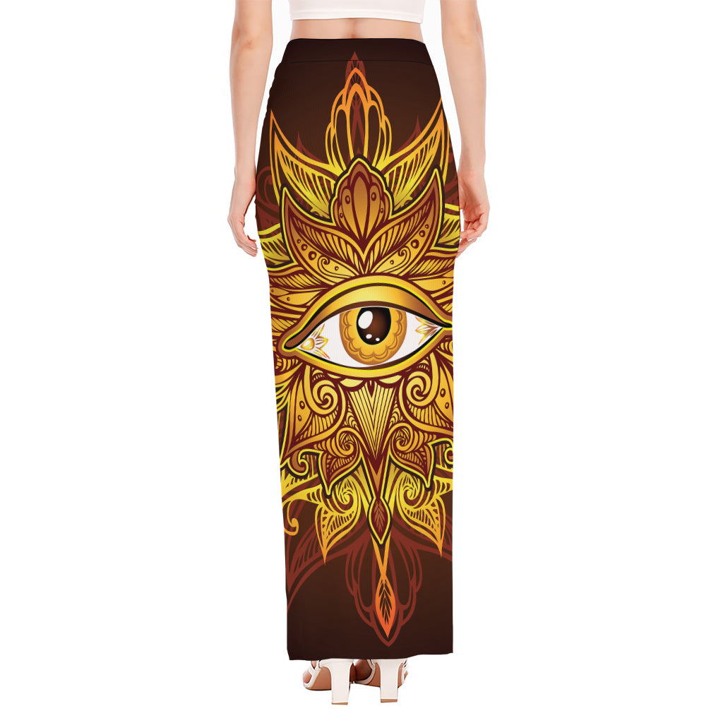 Gold All Seeing Eye Print High Slit Maxi Skirt