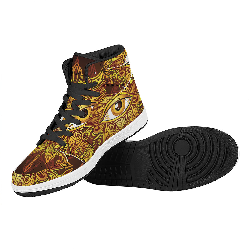 Gold All Seeing Eye Print High Top Leather Sneakers