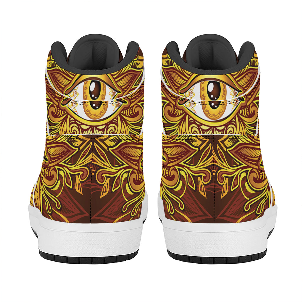 Gold All Seeing Eye Print High Top Leather Sneakers