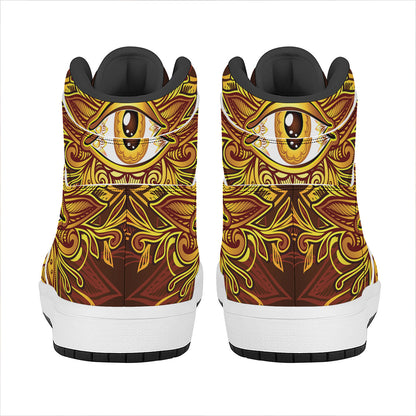 Gold All Seeing Eye Print High Top Leather Sneakers