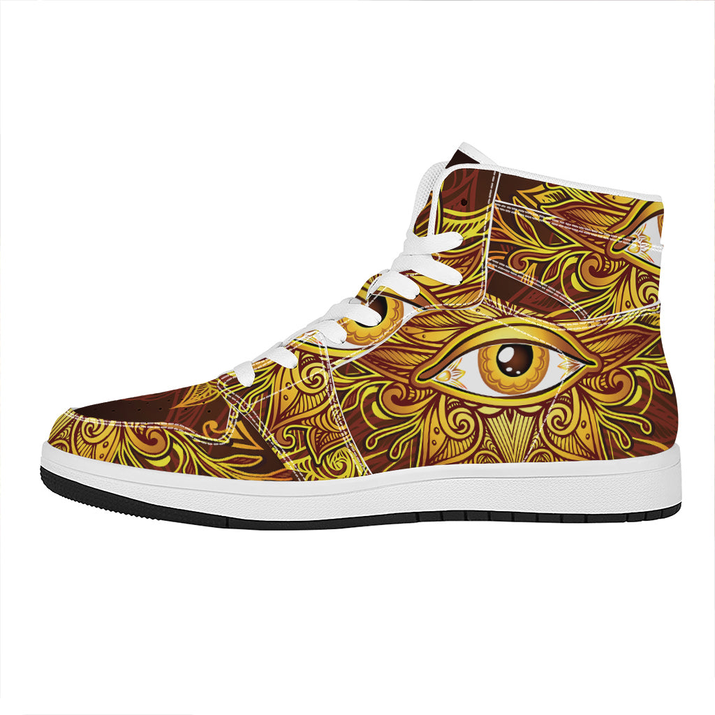 Gold All Seeing Eye Print High Top Leather Sneakers