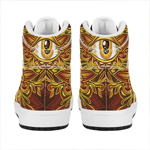 Gold All Seeing Eye Print High Top Leather Sneakers