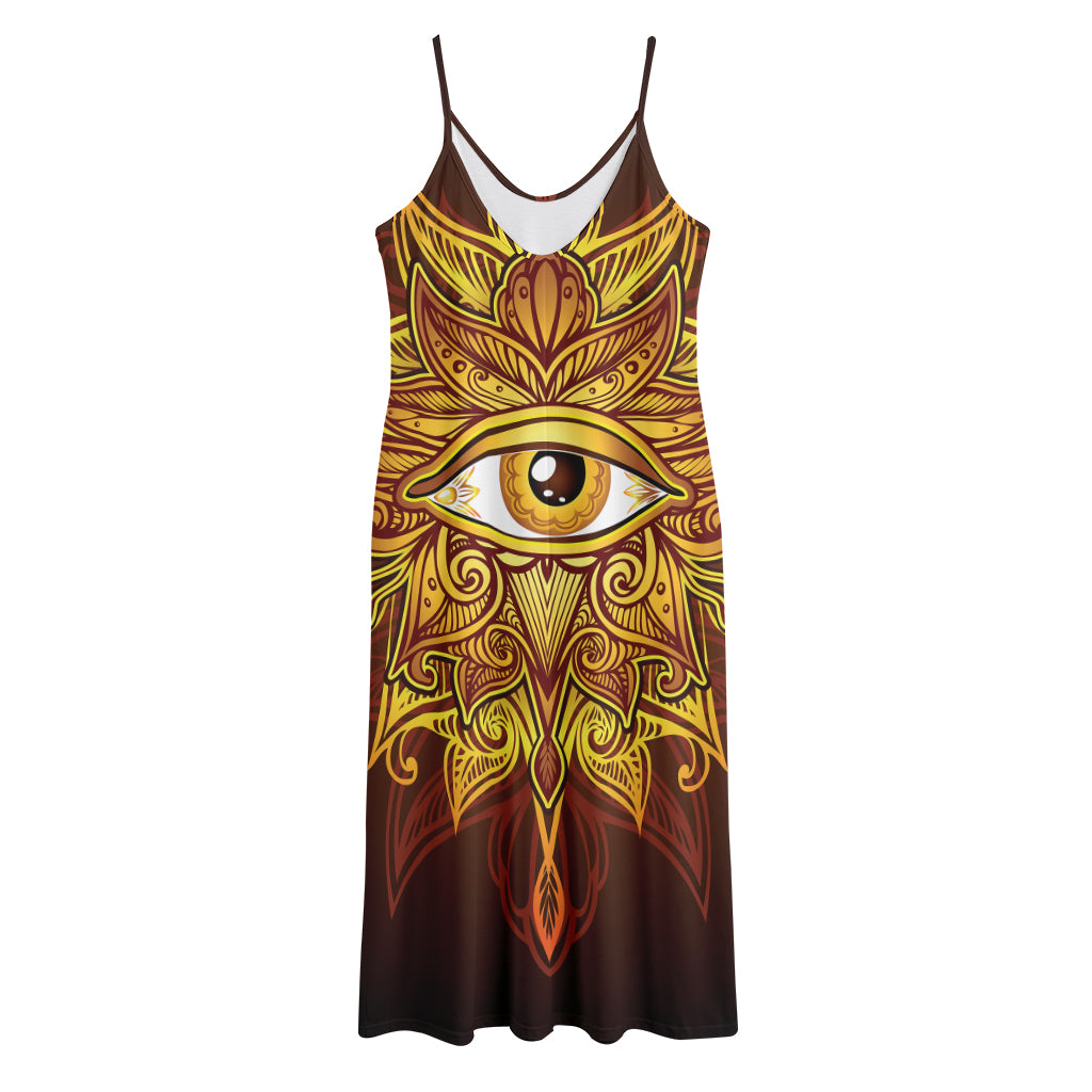 Gold All Seeing Eye Print Jersey Midi Cami Dress