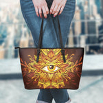 Gold All Seeing Eye Print Leather Tote Bag